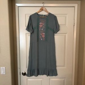 Blue flowered dress.